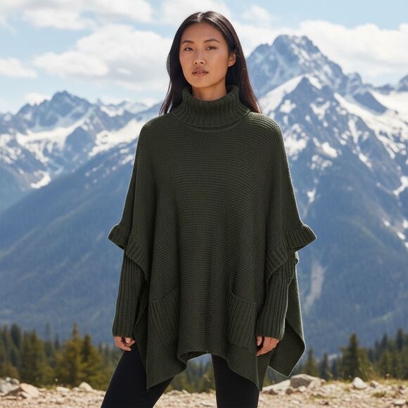 Design Lab Lord & Taylor Turtle Neck Knitted Ribbed Trim Pocho Sweater Green XS - Picture 2 of 11